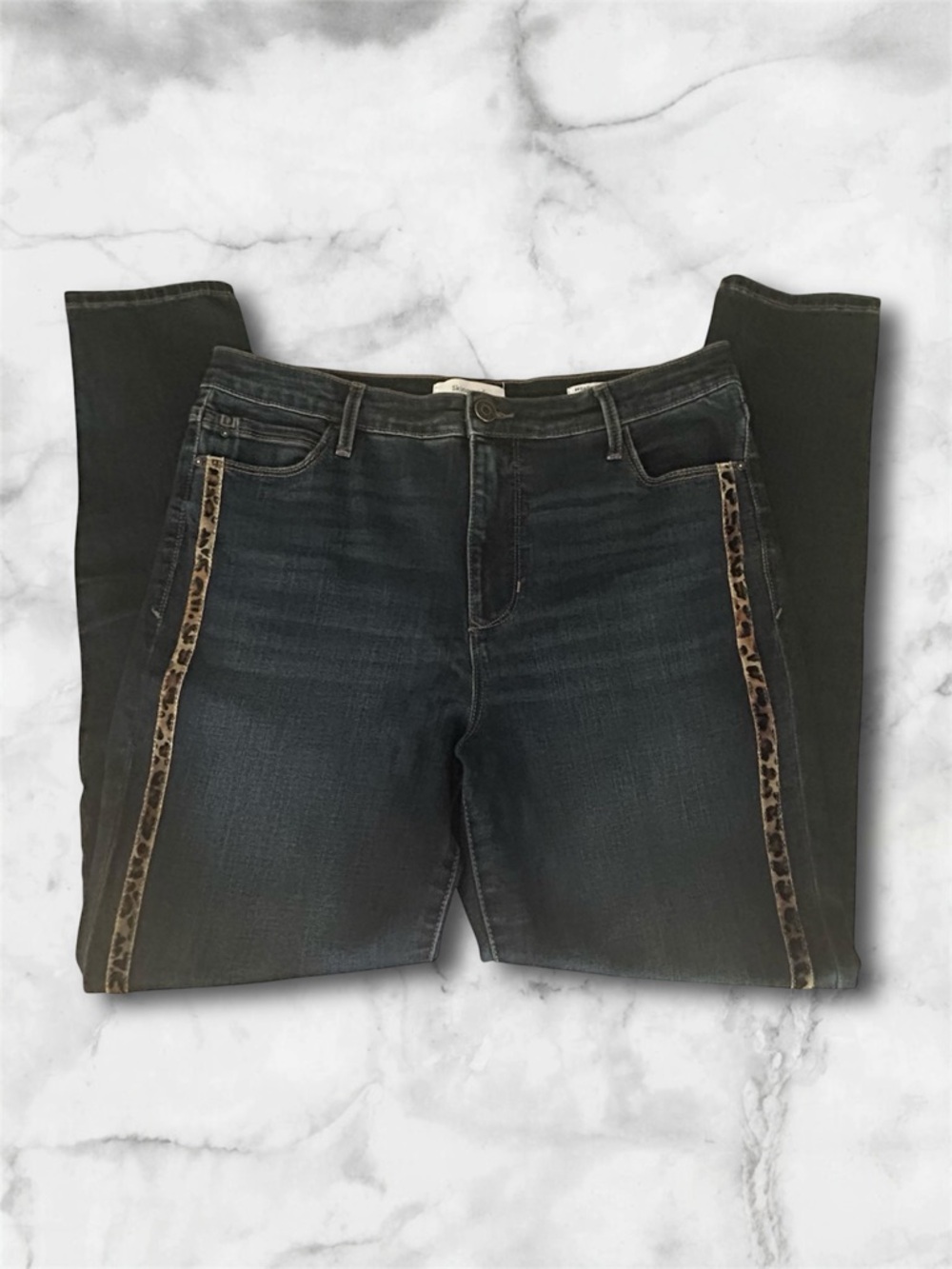 Skinnygirl Broadway High-Rise Dark Blue Skinny Jeans Leopard Side Stripe Size 12 - Picture 11 of 15